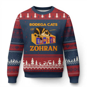 Bodega Cats for Zohran Ugly Christmas Sweater New York Mamdani Supporter Mayor Cute Cat TS02 Navy Red Print Your Wear