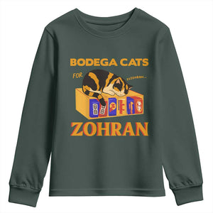Bodega Cats for Zohran Youth Sweatshirt New York Mamdani Supporter Mayor Cute Cat TS02 Dark Forest Green Print Your Wear