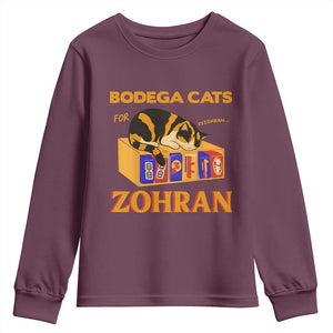 Bodega Cats for Zohran Youth Sweatshirt New York Mamdani Supporter Mayor Cute Cat TS02 Maroon Print Your Wear