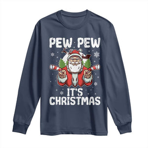 Funny Pew Pew Santa Christmas Long Sleeve Shirt Angry Santa with Candy Cane Guns Holiday Humor TS02 Navy Print Your Wear
