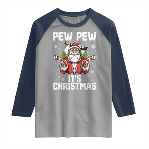 Funny Pew Pew Santa Christmas Raglan Shirt Angry Santa with Candy Cane Guns Holiday Humor TS02 Sport Gray Navy Print Your Wear