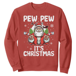 Funny Pew Pew Santa Christmas Sweatshirt Angry Santa with Candy Cane Guns Holiday Humor TS02 Red Print Your Wear