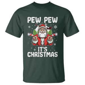 Funny Pew Pew Santa Christmas T Shirt Angry Santa with Candy Cane Guns Holiday Humor TS02 Dark Forest Green Print Your Wear