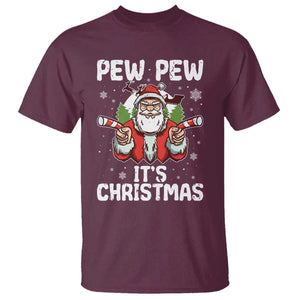 Funny Pew Pew Santa Christmas T Shirt Angry Santa with Candy Cane Guns Holiday Humor TS02 Maroon Print Your Wear