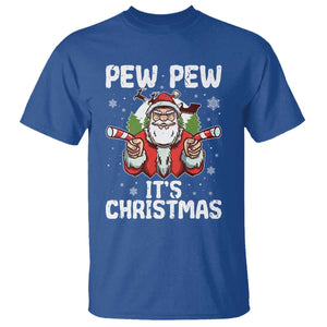 Funny Pew Pew Santa Christmas T Shirt Angry Santa with Candy Cane Guns Holiday Humor TS02 Royal Blue Print Your Wear