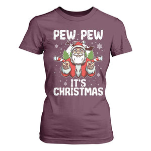 Funny Pew Pew Santa Christmas T Shirt For Women Angry Santa with Candy Cane Guns Holiday Humor TS02 Maroon Print Your Wear