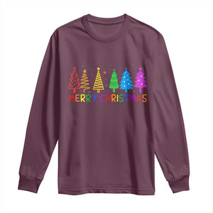 Colorful Rainbow Christmas Trees Long Sleeve Shirt Merry Xmas Fun Festive Holiday Pride Gift TS02 Maroon Print Your Wear