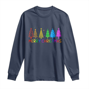 Colorful Rainbow Christmas Trees Long Sleeve Shirt Merry Xmas Fun Festive Holiday Pride Gift TS02 Navy Print Your Wear