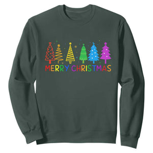 Colorful Rainbow Christmas Trees Sweatshirt Merry Xmas Fun Festive Holiday Pride Gift TS02 Dark Forest Green Print Your Wear
