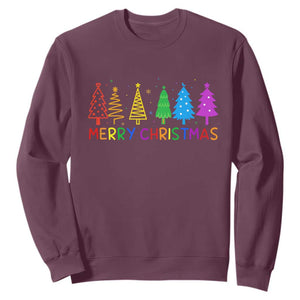 Colorful Rainbow Christmas Trees Sweatshirt Merry Xmas Fun Festive Holiday Pride Gift TS02 Maroon Print Your Wear