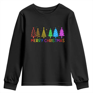 Colorful Rainbow Christmas Trees Youth Sweatshirt Merry Xmas Fun Festive Holiday Pride Gift TS02 Black Print Your Wear
