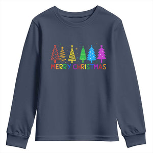 Colorful Rainbow Christmas Trees Youth Sweatshirt Merry Xmas Fun Festive Holiday Pride Gift TS02 Navy Print Your Wear