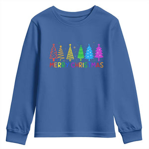 Colorful Rainbow Christmas Trees Youth Sweatshirt Merry Xmas Fun Festive Holiday Pride Gift TS02 Royal Blue Print Your Wear