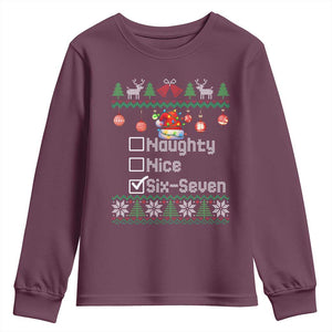 Funny 67 Christmas Checklist Youth Sweatshirt Naughty Nice Six Seven Meme Holiday TS02 Maroon Print Your Wear