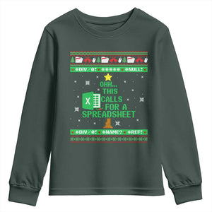 Funny Excel Christmas Tree Youth Sweatshirt This Calls for a Spreadsheet Xmas DIV0 Errors TS02 Dark Forest Green Print Your Wear