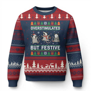 Overstimulated But Festive Opossum Xmas Ugly Christmas Sweater Funny Holiday Anxiety Gag Gift for Introverts TS02 Navy Red Print Your Wear