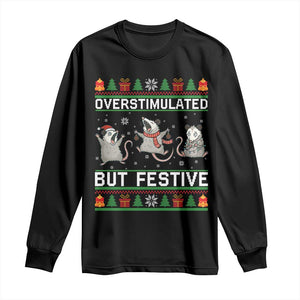 Overstimulated But Festive Opossum Christmas Long Sleeve Shirt Funny Holiday Anxiety Gag Gift for Introverts TS02 Black Print Your Wear