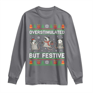 Overstimulated But Festive Opossum Christmas Long Sleeve Shirt Funny Holiday Anxiety Gag Gift for Introverts TS02 Charcoal Print Your Wear