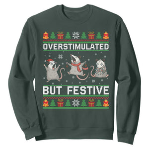 Overstimulated But Festive Opossum Christmas Sweatshirt Funny Holiday Anxiety Gag Gift for Introverts TS02 Dark Forest Green Print Your Wear
