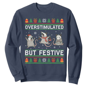 Overstimulated But Festive Opossum Christmas Sweatshirt Funny Holiday Anxiety Gag Gift for Introverts TS02 Navy Print Your Wear