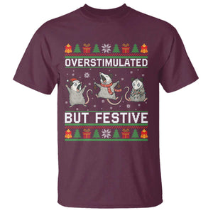 Overstimulated But Festive Opossum Christmas T Shirt Funny Holiday Anxiety Gag Gift for Introverts TS02 Maroon Print Your Wear