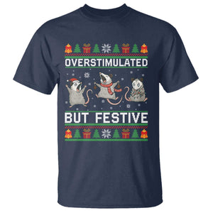 Overstimulated But Festive Opossum Christmas T Shirt Funny Holiday Anxiety Gag Gift for Introverts TS02 Navy Print Your Wear