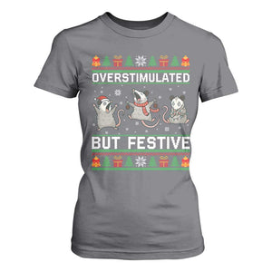 Overstimulated But Festive Opossum Christmas T Shirt For Women Funny Holiday Anxiety Gag Gift for Introverts TS02 Charcoal Print Your Wear