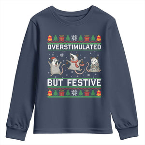 Overstimulated But Festive Opossum Christmas Youth Sweatshirt Funny Holiday Anxiety Gag Gift for Introverts TS02 Navy Print Your Wear