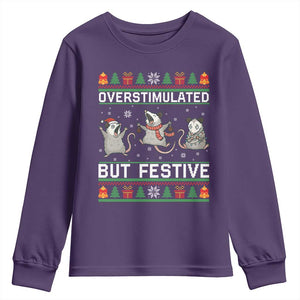 Overstimulated But Festive Opossum Christmas Youth Sweatshirt Funny Holiday Anxiety Gag Gift for Introverts TS02 Purple Print Your Wear