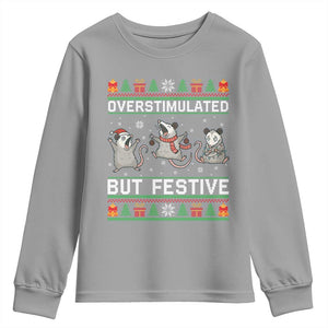 Overstimulated But Festive Opossum Christmas Youth Sweatshirt Funny Holiday Anxiety Gag Gift for Introverts TS02 Sport Gray Print Your Wear