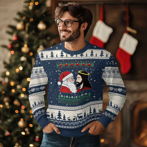 Funny Christmas Santa and Jesus Ugly Christmas Sweater Most Wonderful Time Christian Holiday Gag Gift TS02 Navy Beige Print Your Wear