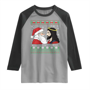 Funny Christmas Santa and Jesus Raglan Shirt Most Wonderful Time Christian Holiday Gag Gift TS02 Sport Gray Black Print Your Wear