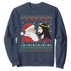 Funny Christmas Santa and Jesus Sweatshirt Most Wonderful Time Christian Holiday Gag Gift TS02 Navy Print Your Wear