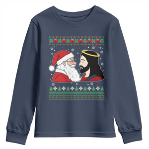 Funny Christmas Santa and Jesus Youth Sweatshirt Most Wonderful Time Christian Holiday Gag Gift TS02 Navy Print Your Wear