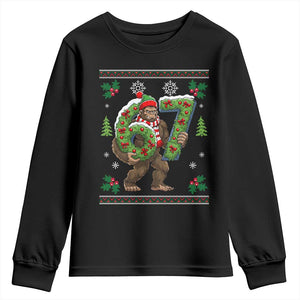 67 Meme Christmas Bigfoot Youth Sweatshirt Funny Six Seven Wreath Sasquatch Holiday Gag Gift TS02 Black Print Your Wear