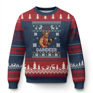 Funny Xmas Workout Gaindeer Ugly Christmas Sweater Muscular Reindeer Holiday Gym Humor Wordplay TS02 Navy Red Print Your Wear