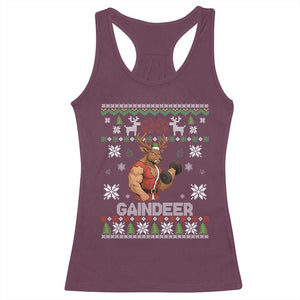 Funny Christmas Workout Gaindeer Racerback Tank Top Muscular Reindeer Holiday Gym Humor Wordplay TS02 Maroon Print Your Wear