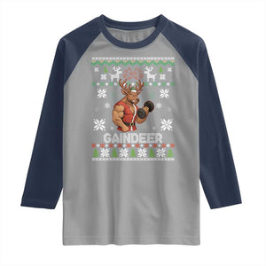 Funny Christmas Workout Gaindeer Raglan Shirt Muscular Reindeer Holiday Gym Humor Wordplay TS02 Sport Gray Navy Print Your Wear