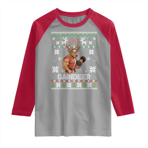 Funny Christmas Workout Gaindeer Raglan Shirt Muscular Reindeer Holiday Gym Humor Wordplay TS02 Sport Gray Red Print Your Wear