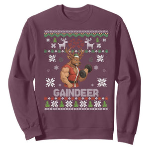Funny Christmas Workout Gaindeer Sweatshirt Muscular Reindeer Holiday Gym Humor Wordplay TS02 Maroon Print Your Wear