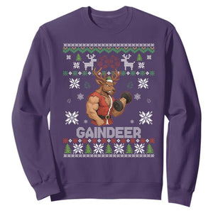 Funny Christmas Workout Gaindeer Sweatshirt Muscular Reindeer Holiday Gym Humor Wordplay TS02 Purple Print Your Wear