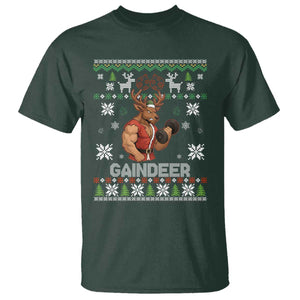 Funny Christmas Workout Gaindeer T Shirt Muscular Reindeer Holiday Gym Humor Wordplay TS02 Dark Forest Green Print Your Wear