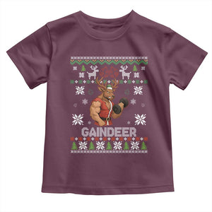 Funny Christmas Workout Gaindeer Toddler T Shirt Muscular Reindeer Holiday Gym Humor Wordplay TS02 Maroon Print Your Wear