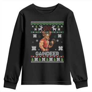 Funny Christmas Workout Gaindeer Youth Sweatshirt Muscular Reindeer Holiday Gym Humor Wordplay TS02 Black Print Your Wear