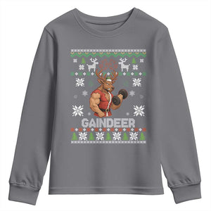 Funny Christmas Workout Gaindeer Youth Sweatshirt Muscular Reindeer Holiday Gym Humor Wordplay TS02 Charcoal Print Your Wear