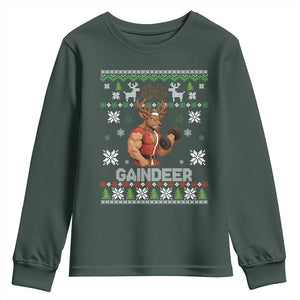 Funny Christmas Workout Gaindeer Youth Sweatshirt Muscular Reindeer Holiday Gym Humor Wordplay TS02 Dark Forest Green Print Your Wear