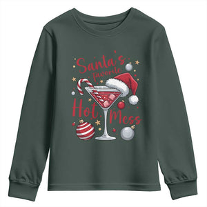 Funny Santa Favorite Hot Mess Youth Sweatshirt Christmas Drinking Cocktail Lover TS02 Dark Forest Green Print Your Wear