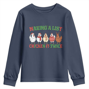 Funny Chicken Christmas Pun Youth Sweatshirt Making a List Chicken It Twice Cute Holiday Farm Animal TS02 Navy Print Your Wear