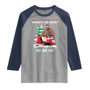Funny Santa and Diddy Christmas Raglan Shirt Naughty or Nice Ho Ho Ho Adult Humor Holiday TS02 Sport Gray Navy Print Your Wear