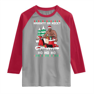 Funny Santa and Diddy Christmas Raglan Shirt Naughty or Nice Ho Ho Ho Adult Humor Holiday TS02 Sport Gray Red Print Your Wear